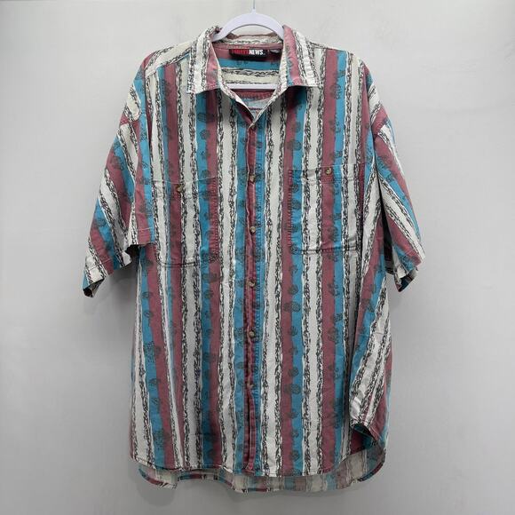 Vintage Today’s News Button Up Red White Blue Stripe Short Sleeve - Picture 1 of 8